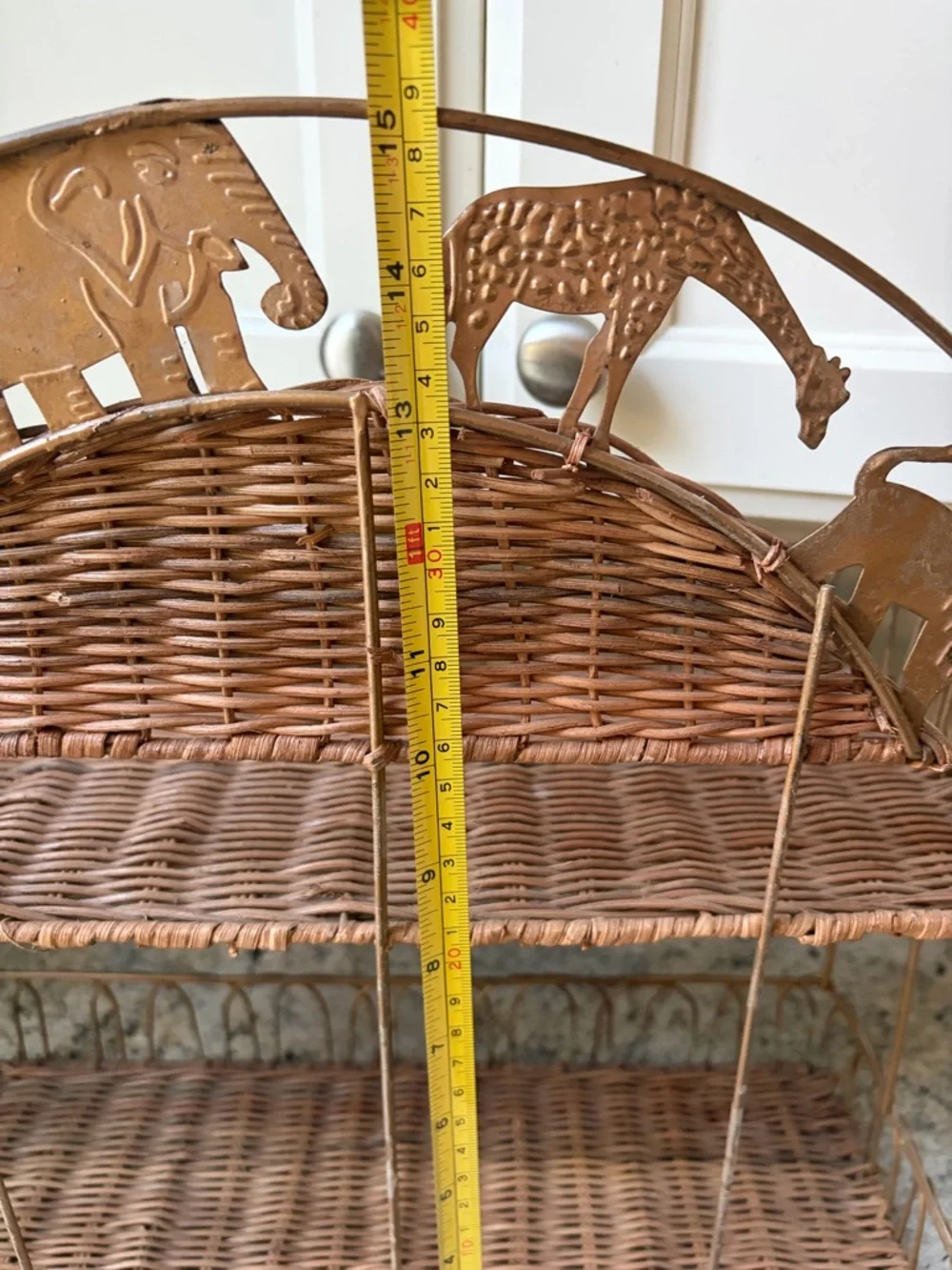Vintage 2 tier Wicker Rattan and Metal Shelf Safari animal theme